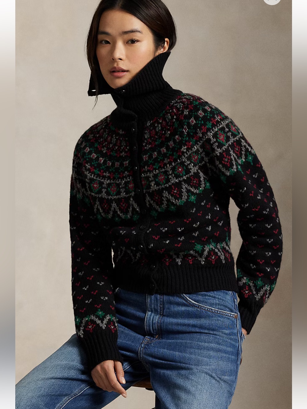 Ralph Lauren Black Fair Isle Button-Up Cardigan With Red And Green Accents